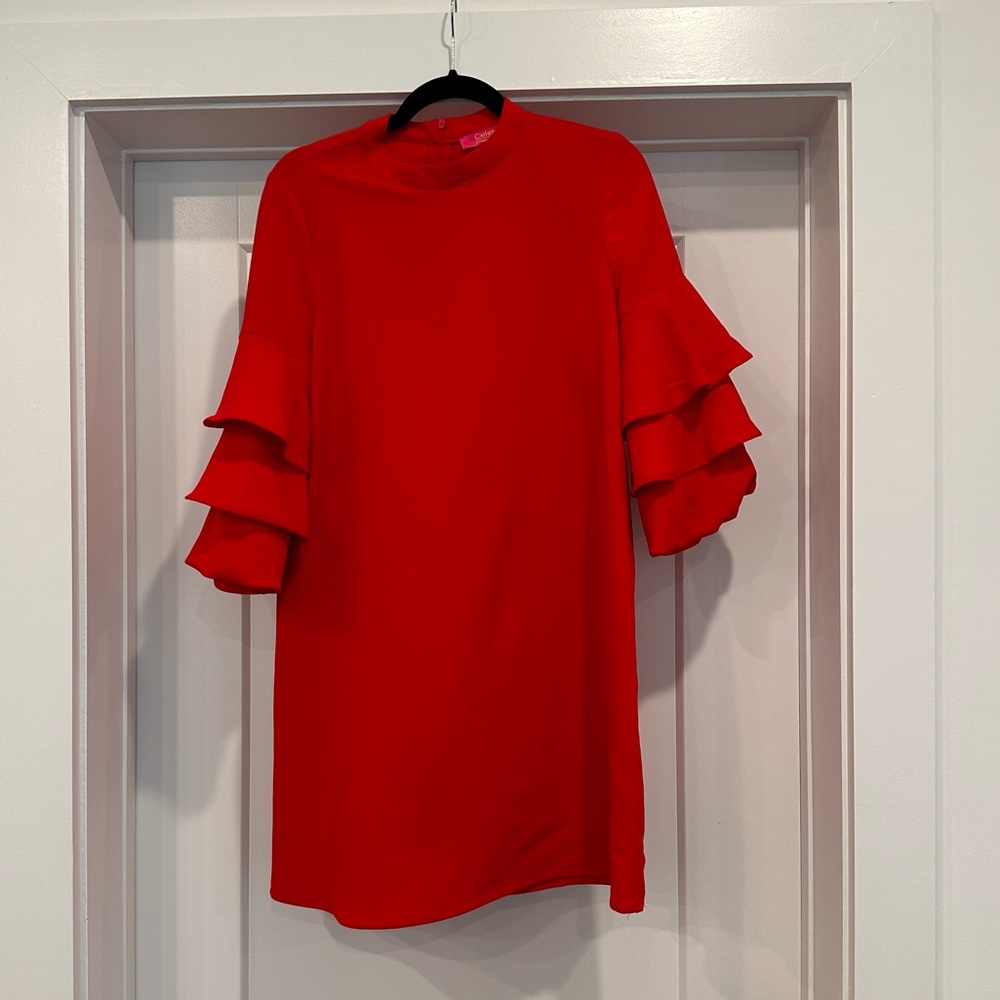 Red Mock Neck Ruffle Sleeve Red Shift Dress